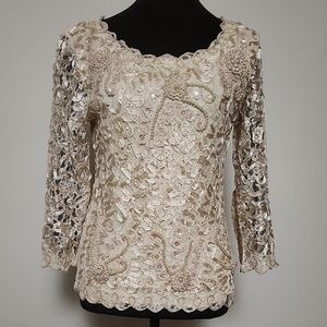 Laura Ivory Lace Applique Top Pearl Beaded Sheer 3/4 Sleeve Formal S